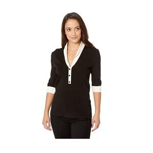 Anne Klein Shawl Collar Short Sleeve V-Neck Sweater Black Size M 3138